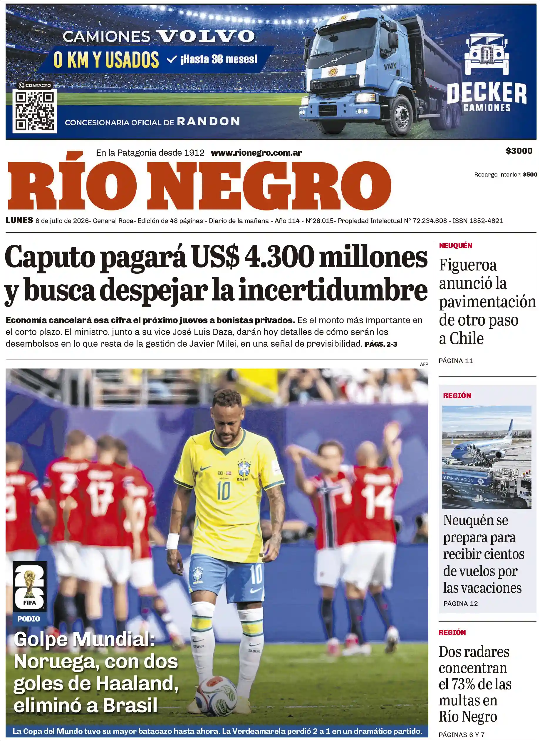 Evolucion Streaming | FM LOS HIJOS DE FRANCISCA 87.5 - Tapa del diario Rio Negro